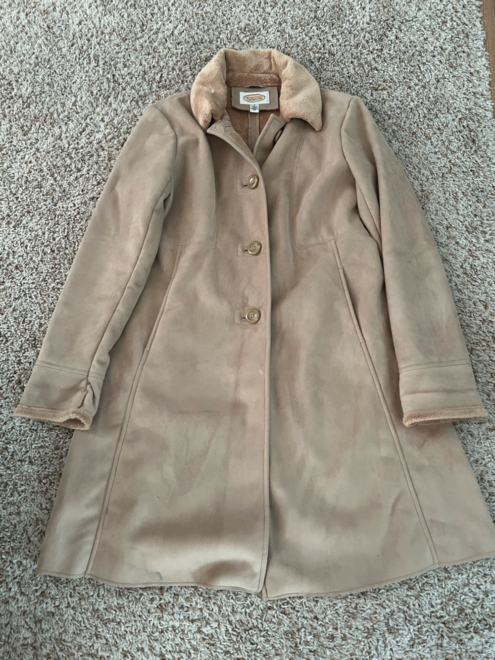 Talbots Tan Faux-Suede Pea Coat with Shearling Collar